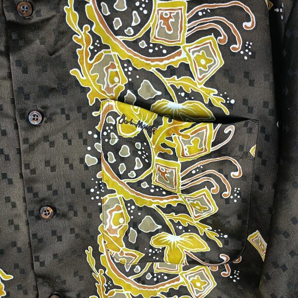 John Master Shirt Mens XL Brown Yellow Batik Long Sleeve Silky Peach Button Up - Picture 4 of 10